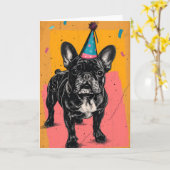 ブルドッグフランスのバースデーパーティーのグリーティングカード カード (黄色い花)