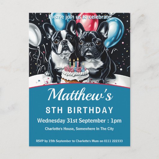 ブルドッグフランスのバースデーパーティー インビテーションポストカード (正面)