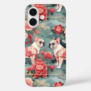 ブルドッグフランスのパステルピンクの花の波 iPhone 16ケース