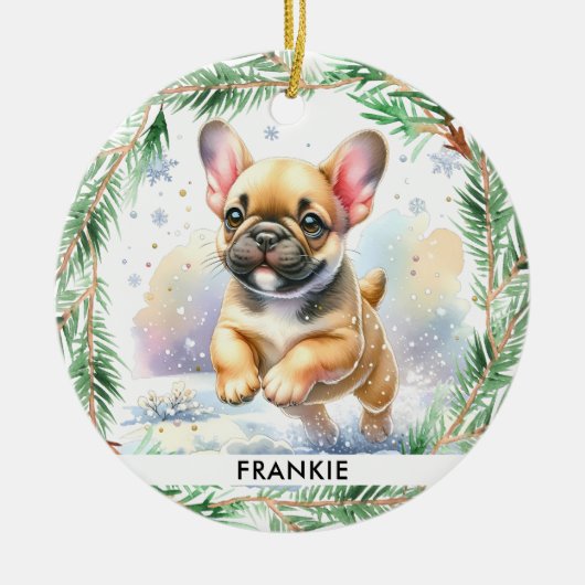 ブルドッグフランスのパピーパーソナライズされたドッグのクリスマス セラミックオーナメント (正面)