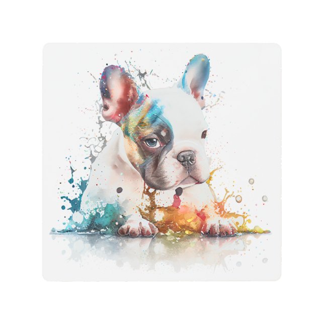 ブルドッグフランスのパピーフランスの水色 メタルプリント (正面)