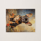 ブルドッグフランスのブラックとタンの子犬ポートレート ジグソーパズル (横)