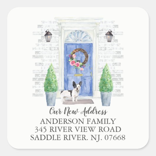 ブルドッグフランスのブルードア新しい住所ラベルシール スクエアシール (正面)