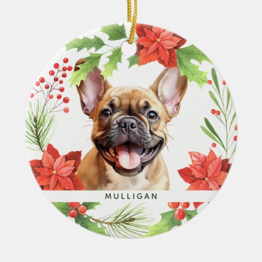 ブルドッグフランスのペットパーソナライズされたドッグクリスマス セラミックオーナメント (正面)
