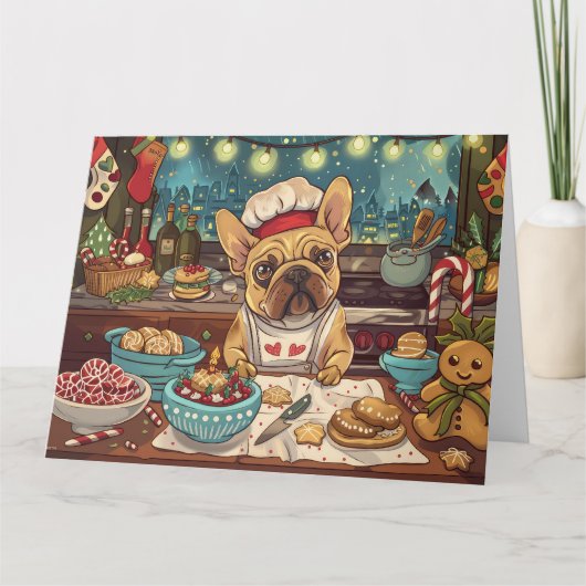 ブルドッグフランスのホリデーベーキング:フェスティバルクリスマス カード (正面)
