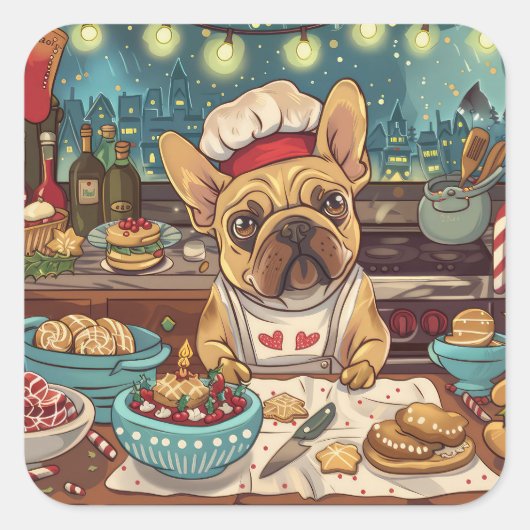 ブルドッグフランスのホリデーベーキング:フェスティバルクリスマス スクエアシール (正面)