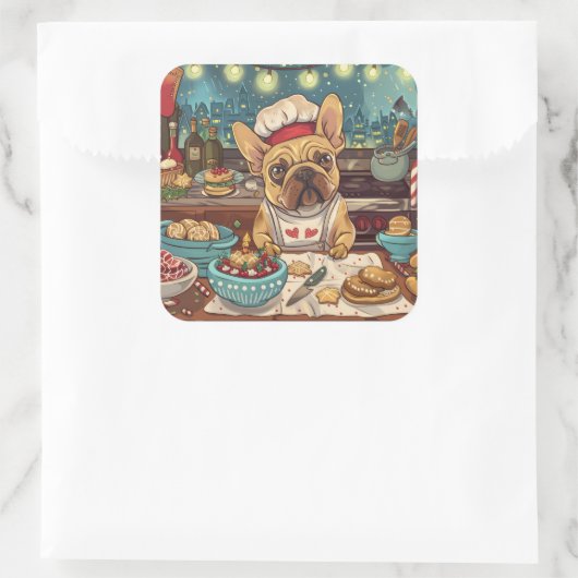 ブルドッグフランスのホリデーベーキング:フェスティバルクリスマス スクエアシール (バッグ)