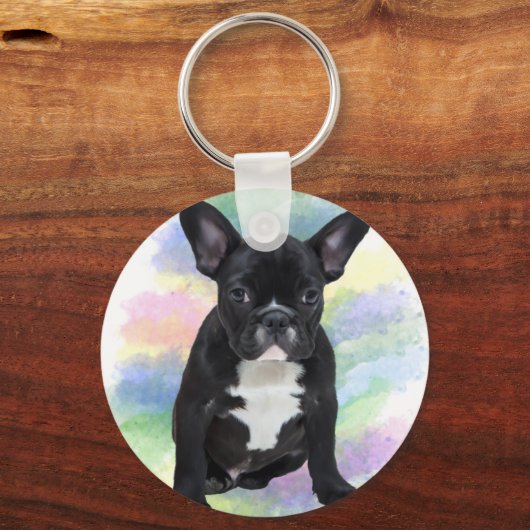 ブルドッグフランスのママ水彩油画アート キーホルダー (正面)