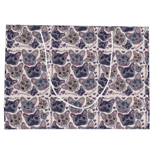 ブルドッグフランスのマンガヘッドのシームレスなパターン ラージペーパーバッグ (裏面)