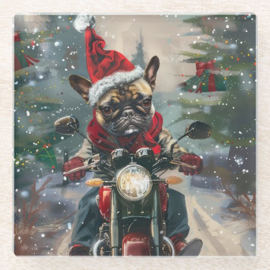 ブルドッグフランスのライディングオートバイクリスマス ガラスコースター (正面)