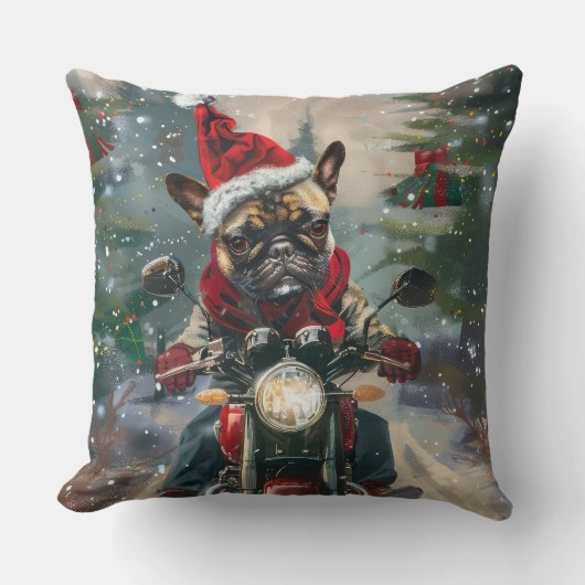 ブルドッグフランスのライディングオートバイクリスマス クッション (正面)