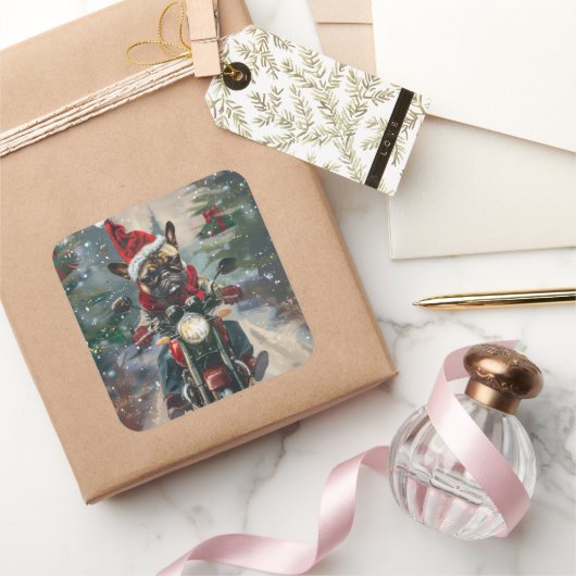 ブルドッグフランスのライディングオートバイクリスマス スクエアシール (ギフト)