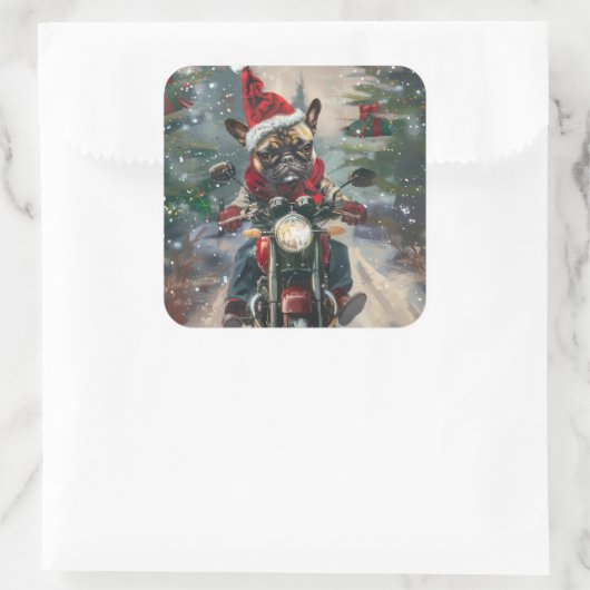 ブルドッグフランスのライディングオートバイクリスマス スクエアシール (バッグ)