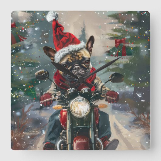 ブルドッグフランスのライディングオートバイクリスマス スクエア壁時計 (正面)