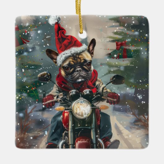 ブルドッグフランスのライディングオートバイクリスマス セラミックオーナメント (正面)