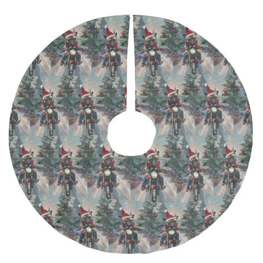 ブルドッグフランスのライディングオートバイクリスマス ブラッシュドポリエステルツリースカート (正面)