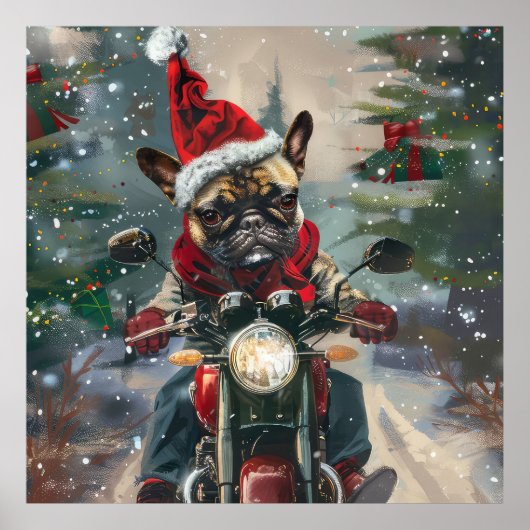 ブルドッグフランスのライディングオートバイクリスマス ポスター (正面)