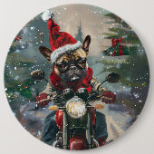 ブルドッグフランスのライディングオートバイクリスマス 缶バッジ (正面)