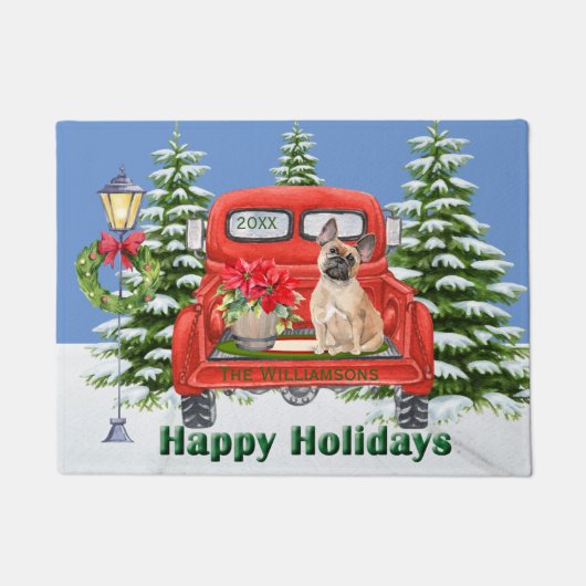 ブルドッグフランスのレッドヴィンテージトラックファミリー名 ドアマット (正面)