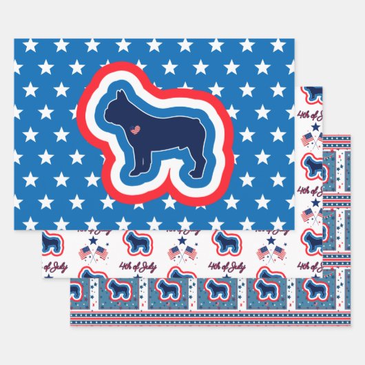 ブルドッグフランスのレッド白青7月4日 ラッピングペーパーシート (セット)