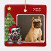 ブルドッグフランスのレッド白2つのフォトドッグクリスマス セラミックオーナメント (裏面)
