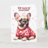 ブルドッグフランスの子犬のセーターのバレンタイン シーズンカード (正面)