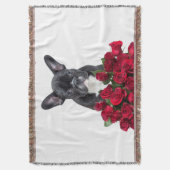 ブルドッグフランスの子犬のバラ花が白を投げる スローブランケット (正面縦)