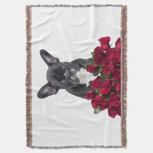 ブルドッグフランスの子犬のバラ花が白を投げる スローブランケット (正面縦)