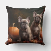 ブルドッグフランスの子犬の秋の喜びカボチャ クッション (正面)