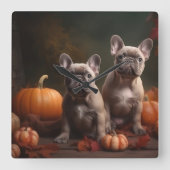 ブルドッグフランスの子犬の秋の喜びカボチャ スクエア壁時計 (正面)