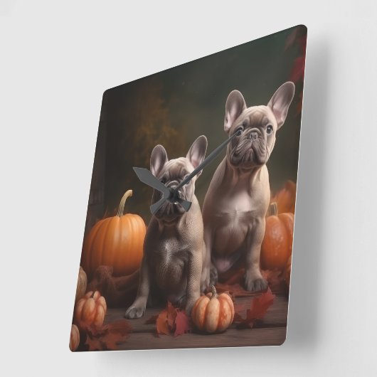 ブルドッグフランスの子犬の秋の喜びカボチャ スクエア壁時計 (傾斜)