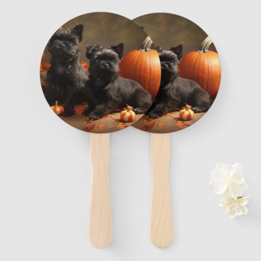 ブルドッグフランスの子犬の秋の喜びカボチャ ハンドファン (正面&裏面)
