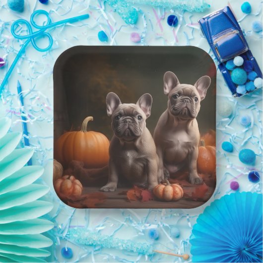 ブルドッグフランスの子犬の秋の喜びカボチャ ペーパープレート (パーティー)