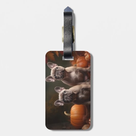 ブルドッグフランスの子犬の秋の喜びカボチャ ラゲッジタグ (裏面縦)
