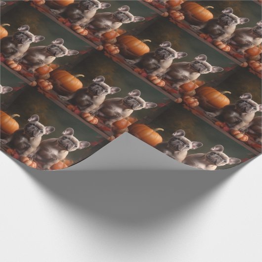 ブルドッグフランスの子犬の秋の喜びカボチャ ラッピングペーパー (角)