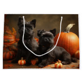 ブルドッグフランスの子犬の秋の喜びカボチャ ラージペーパーバッグ (正面)