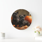 ブルドッグフランスの子犬の秋の喜びカボチャ ラージ壁時計 (ホーム)