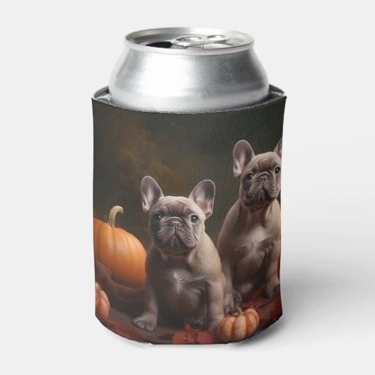 ブルドッグフランスの子犬の秋の喜びカボチャ 缶クーラー (缶正面)