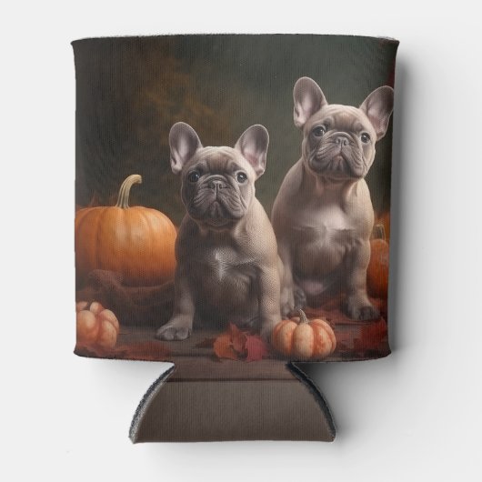 ブルドッグフランスの子犬の秋の喜びカボチャ 缶クーラー (正面)