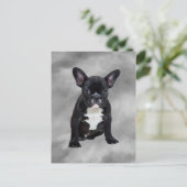 ブルドッグフランスの座って水彩油絵 ポストカード (スタンド正面)