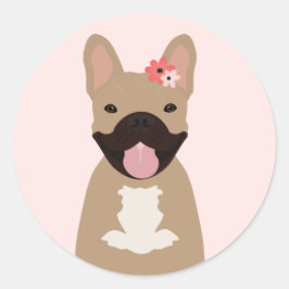 ブルドッグフランスの笑顔の花ピンク ラウンドシール