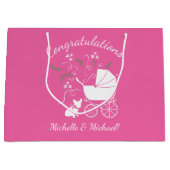 ブルドッグフランスの赤ちゃんシャワーフレンチフレンチピンク ラージペーパーバッグ (正面)