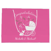 ブルドッグフランスの赤ちゃんシャワーフレンチフレンチピンク ラージペーパーバッグ (裏面)