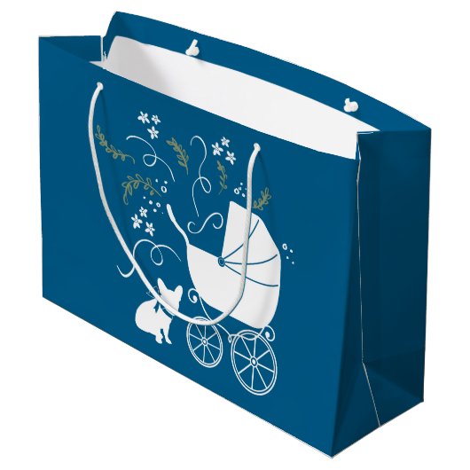 ブルドッグフランスの赤ちゃんシャワーFrenchy Frenchie Blue ラージペーパーバッグ (裏面アングル)