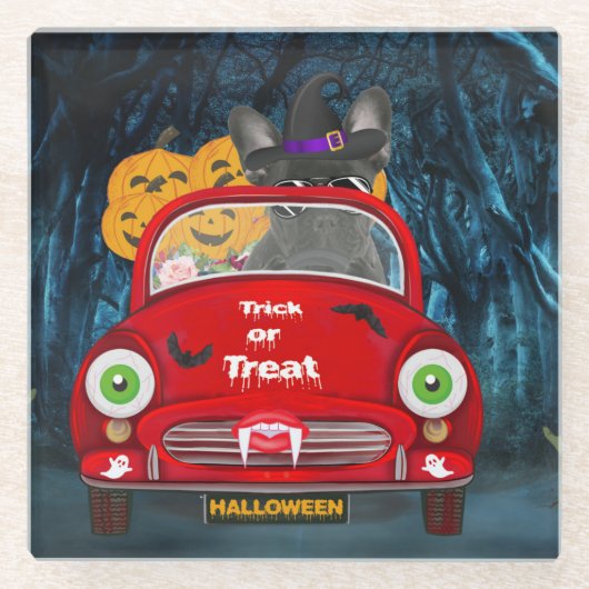 ブルドッグフランスの運転車の怖いハロウィーン ガラスコースター (正面)