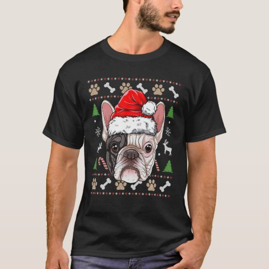 ブルドッグフランスの醜いクリスマスサンタハットクリスマスドッグB Tシャツ (正面)