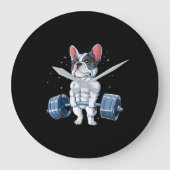 ブルドッグフランスの重量挙げデュおもしろいリフトジム ラージ壁時計 (正面)