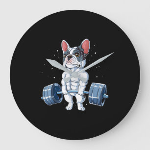 ブルドッグフランスの重量挙げデュおもしろいリフトジム ラージ壁時計