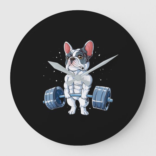 ブルドッグフランスの重量挙げデュおもしろいリフトジム ラージ壁時計 (正面)