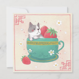 ブルドッグフランスの、イチゴ&カップイラストレーション シーズンカード